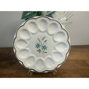Vintage Georgian China Devilled Egg Plate Hand Painted Floral 22K Gold USA Retro